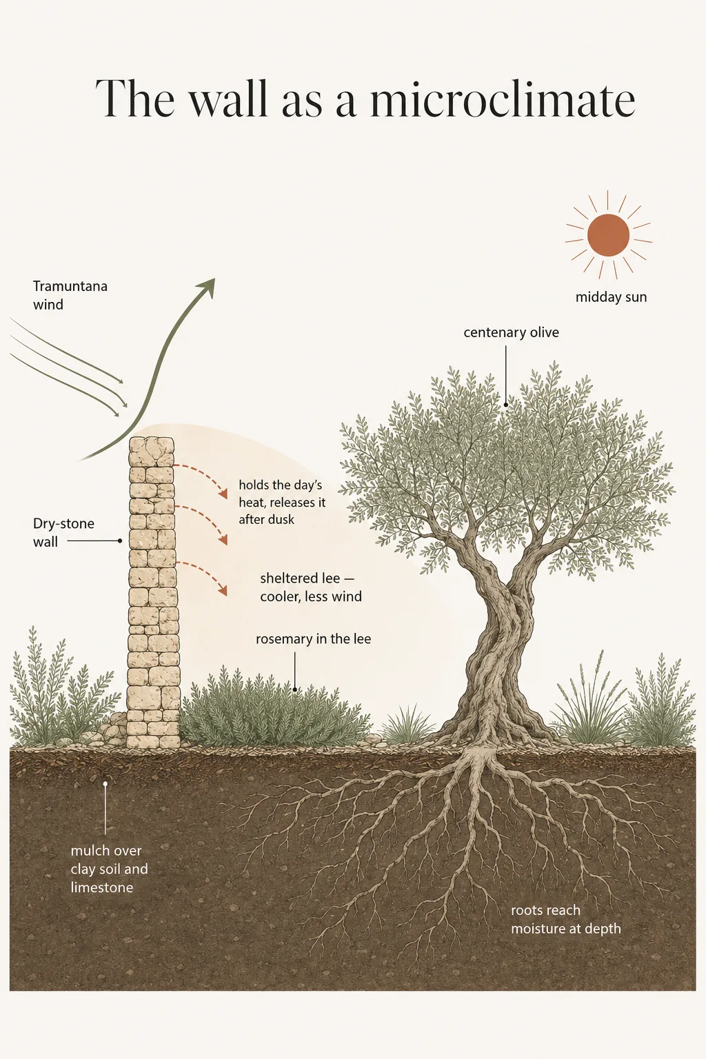 Fig. 1: The wall as a microclimate — the Tramuntana wind deflected upward, the day's heat stored in the stone and released after dusk into a sheltered lee where low aromatics grow, with a centenary olive and its deep roots beyond.