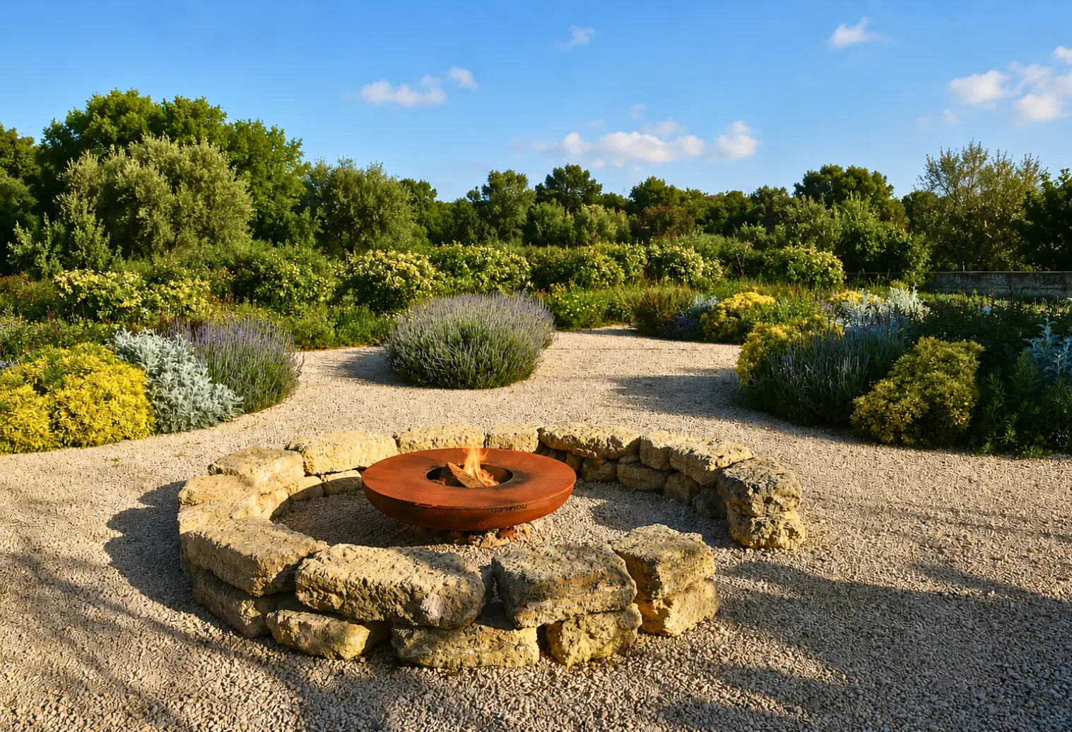 Mediterranean fire pit garden design in Llubí, Mallorca