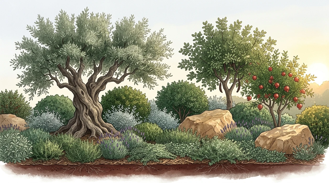 Illustration of a mature Mallorcan garden in four layers: an ancient olive over carob, pomegranate, lentisc and silver shrubs, with a rosemary and lavender groundcover over mulch and natural limestone boulders