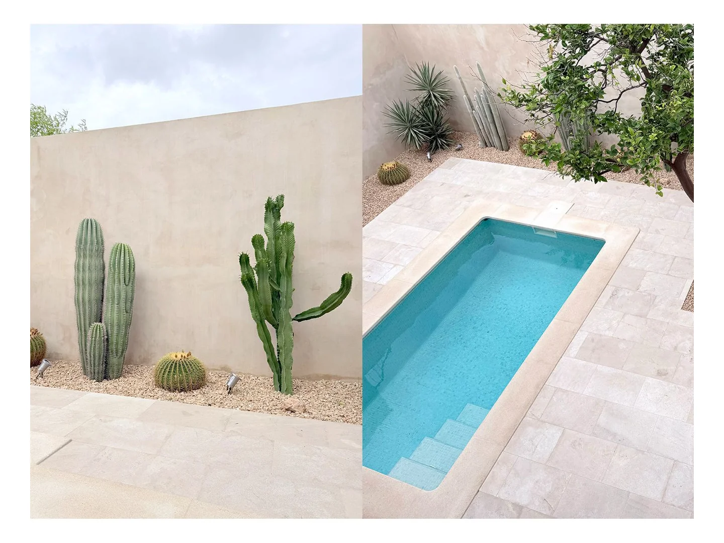 Vista superior del patio de casa de pueblo transformado con piscina y vegetación en Binissalem Mallorca