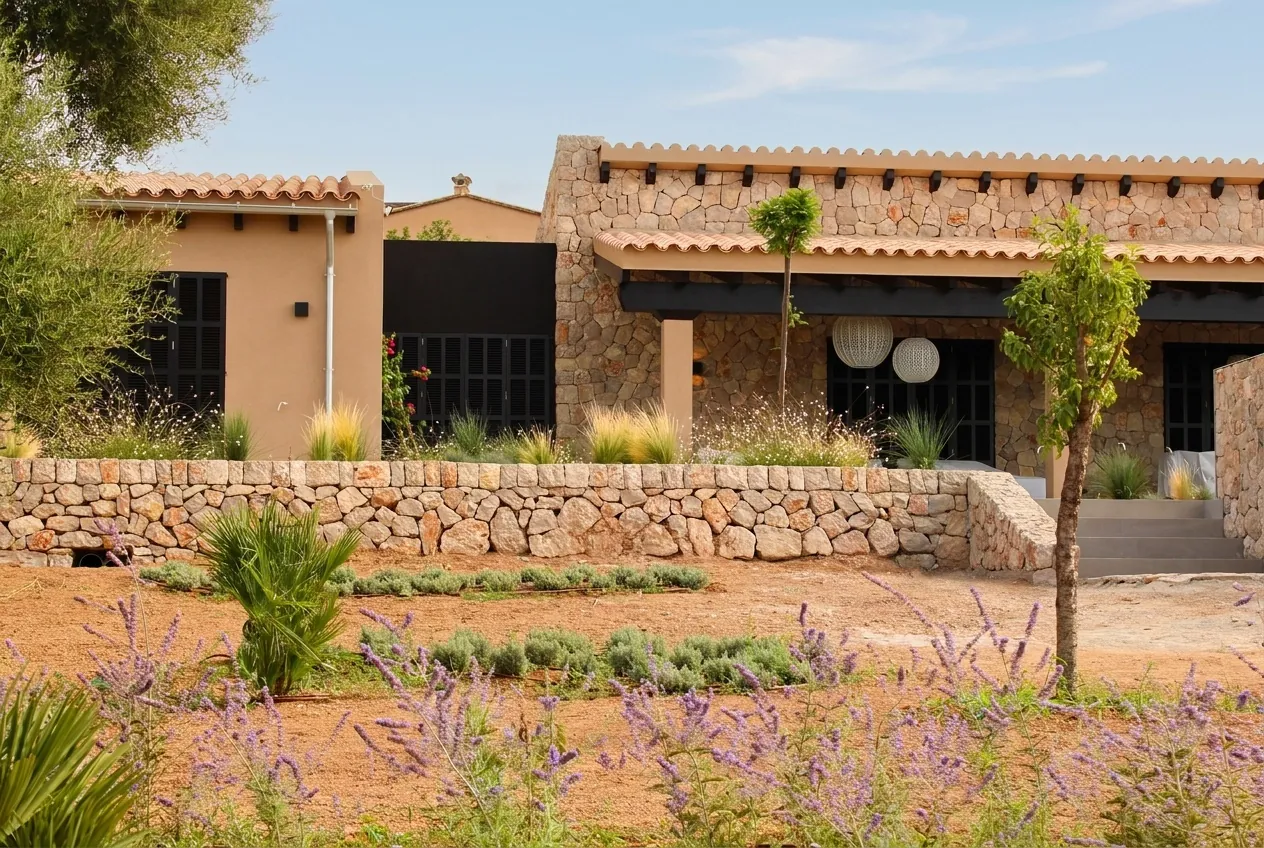 Diseño de jardín de finca en Mallorca con vegetación autóctona de secano y muros de piedra