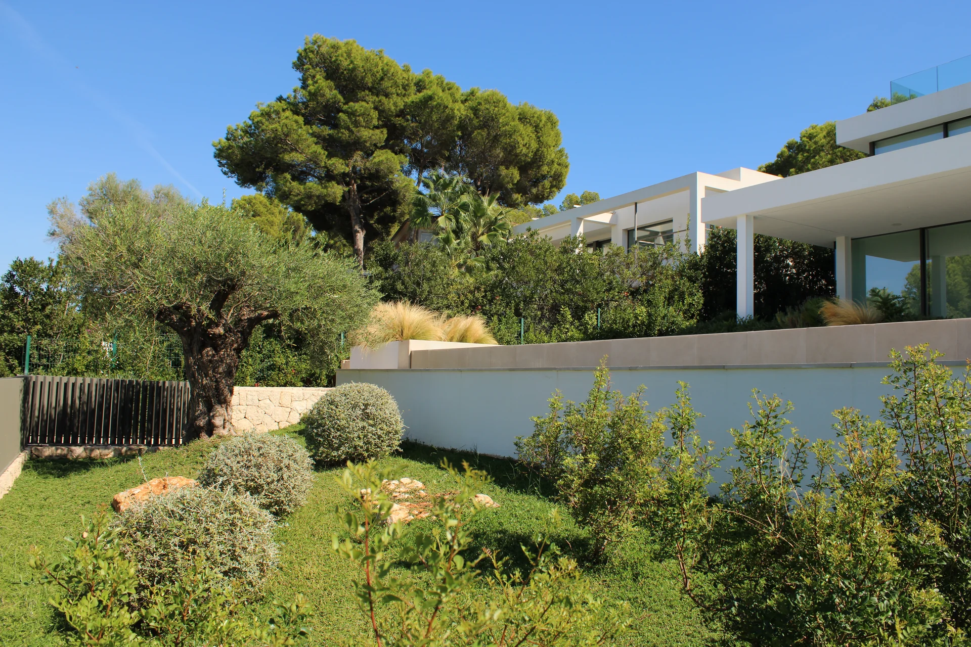 Vista amplia del jardín frontal y voladizo contemporáneo de la villa integrado en el entorno mediterráneo - S'Estepa Design
