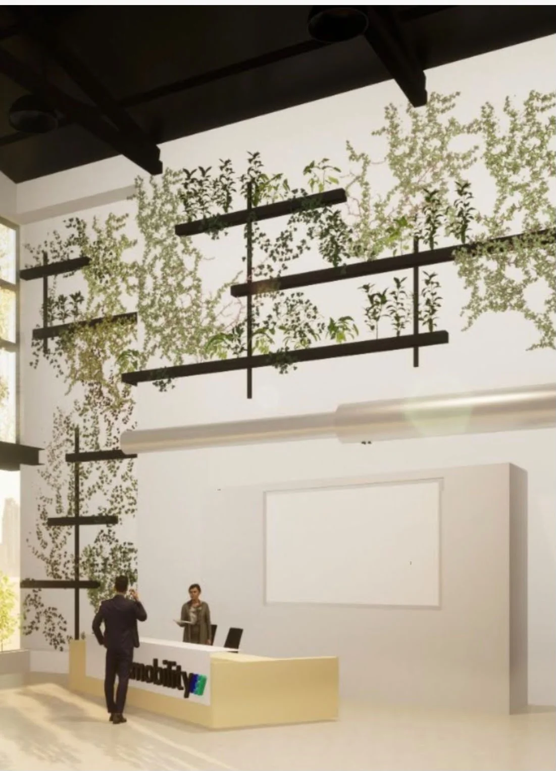 3D-Innenraumrender des OK Mobility Empfangsbereichs mit hängender tropischer Pflanzenwand
