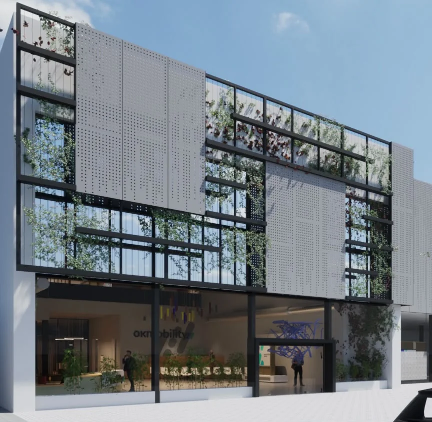 3D-Architekturrender der Fassadenstruktur von OK Mobility mit begrünte Wandstruktur