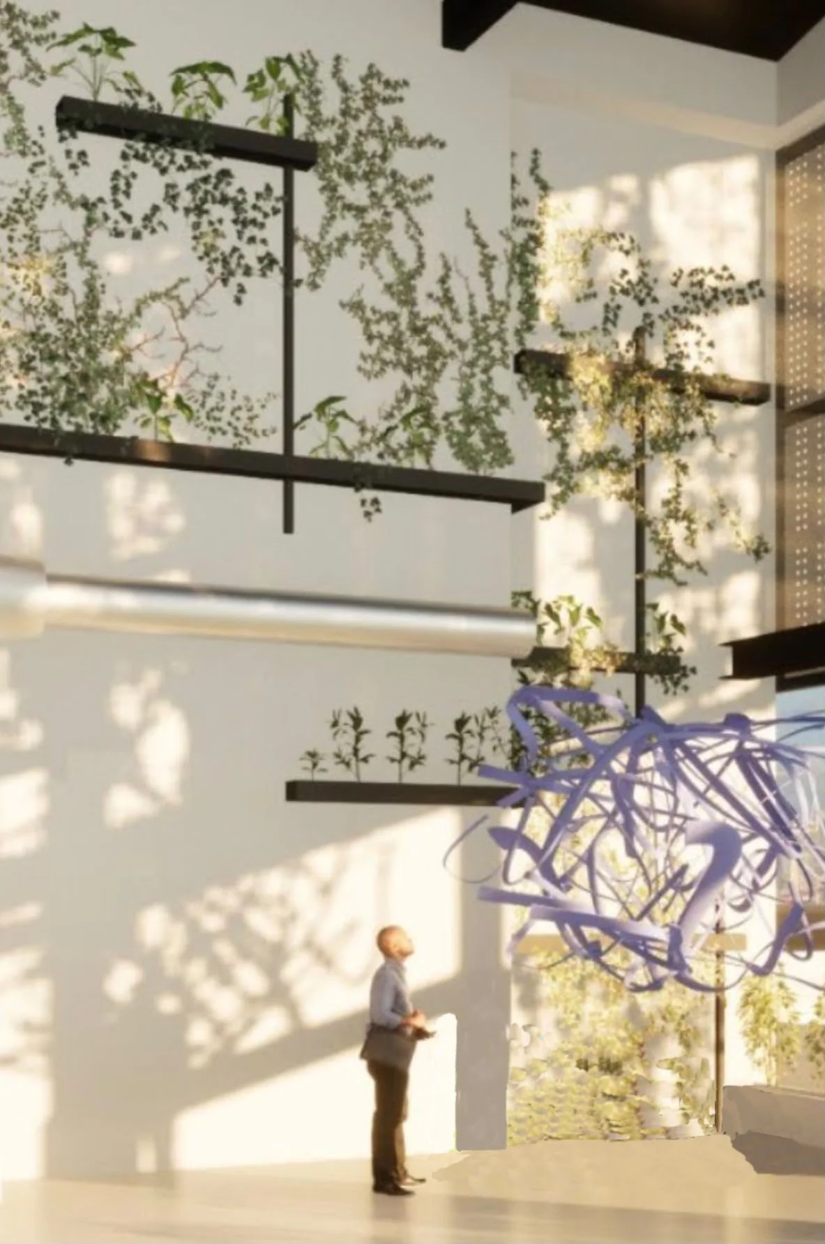 3D-Innenraumrender des OK Mobility Atriums mit tropischem Blätterdach des vertikalen Gartens und Kunstinstallation